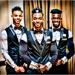 3 black waiters with different uniforms in luxury wedding hall