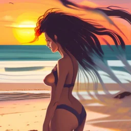 A very scantily clad young woman standing on the beach watching the sunset. The wind is playing with their hair.