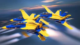 fa-18, blue angels, in formation, color, fantastical, intricate detail, wide angle, sunset, clouds, water, complementary colors, fantasy concept art, 8k resolution trending on Artstation Unreal Engine 5
