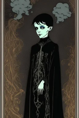 7 year old boy, necromancer, friendly, looks dead, surrounded by weird smoke with eyes, wearing black robes, in the style of Harry Clarke