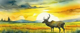 an Elk in a prairie canola field, sunset sky, detailed watercolor