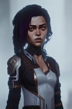 portrait,beautiful tessa thompson, long hair, post-apocalyptic in a cyberpunk city, realistic, intriacte detail, sci-fi fantasy armor style, volumetric lighting, particales,highly detailed,cinamatic, deep colours,8k