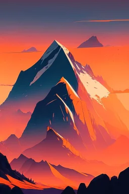 big rock mountains with and orange dawn sky with no clouds close montains anime style