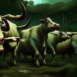 far in the distance five big crepy-cute weird creatures stand on four legs on eart , on tube heads is one giant eye , gray-white-pale blue color skin, with big cow udders on the belly between their legs,, without ears ,peacefully grazing the grass, background is a jungle, rain, detailed, sci-fi, fantasy, cinematic