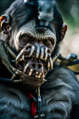 Ape Creature in a breathing device, Christopher Nolan, Dystopian, Extreme depth of field, bokeh blur, Alberta, all-natural, in the style of candid, imperfection, natural lighting, Fuji Film, Anamorphic lens