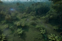 Extreme long shot, Birds Eye view, congo jungle landscape, smooth, god rays, unreal engine 5, ray tracing, RTX, lumen lighting, ultra detail, volumetric lighting