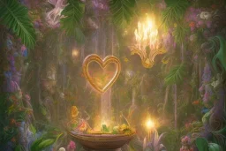 Human love, Tropical flowers,heart drawing, crystals, tropical leaves, sacred altar, Fantasy temple