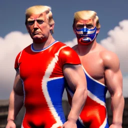 Realistic image of Donald trump wrestler, Mexican wrestling style, Mexican wrestling eyes mask, red and blue breeches, glow confederate flag dress, suspenders, retro style, 80s, vibrant color, highly detailed, sky background, concept art, unreal engine 5, god rays, ray tracing, RTX, lumen lighting, ultra detail, volumetric lighting, 3d, finely drawn, high definition, high resolution.