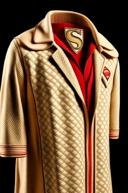 Men's Superman's Gucci Winter coat elegant inspired by Superman's emblem design beige tones with dual color on a white background, product catalog photography, soft spot lighting, depth of field, 4k –ar 3:5 –q 2