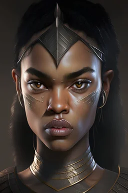 portrait of black female warrior princess with black hair dark brown eyes and pointed ears