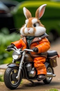 Dwarf rabbit wearing clothes with a bag and motorcycle