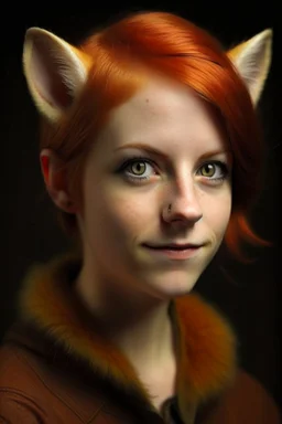 A young woman with very short red hair, gold eyes, large fox ears, slight smile, pale skin