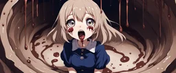 Anime girl with big eyes, darkblue and sepia tones, fullbody, slime, the perspective looking up from the bottom of an empty well, rolling eyes, tongue out, blood drip, open mouth,