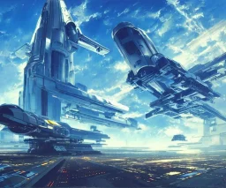 Spaceship starting from a Spaceport on a heavy industrialized planet, art by John Berkey, buildings with glass facades, insanely detailed, vibrant, 8k uhd, cinematic aosphere, ultra-wide angle, street level view, brush strokes, blue sky with clouds, sharp focus