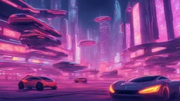 A futuristic cityscape at night with neon lights and flying cars.