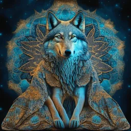 celestial psychedelic wolf made of fractals wearing a mexican jacket sitting on a giant mushroom in between stars, extatic, happy