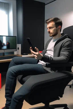 a guy watching a youtube sitting in a office chair