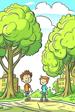 city trees old and boy walk cartoon