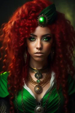 26-year-old mulatto sorceress, green eyes, wavy blood red hair, dressed in steampunk style