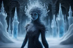 Black and blue illustration of a ghostly female creature, ice statues on frozen tundra, shiny aura, highly detailed, crimson filigree, intricate motifs, organic tracery, glowing stardust sprinkled across the scenery, perfect composition, smooth, sharp focus, sparkling particles, dramatic natural light, intricate details, high resolution long exposure