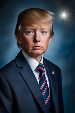 facial portrait - 10-year-old Donald Trump is posing for his school picture - wearing a three-piece suit - Sparkling, Sky blue Background, professional quality studio 8x10 UHD Digital photograph by Scott Kendall - multicolored spotlight, Photorealistic, realistic stock photo, Professional quality Photograph. colored Fog