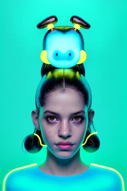 Rosalía artist, Realistic image, natural waist up portrait, perfect eyes, glow, eye liner. sweet face, pigtails hair, spray line make up, glow. lips, gold. big rings piercing, led ornament, pearls. inflatable latex coat, cold, led lights, minimal, neon, pink, blue, gold, vibrant color, highly detailed, art stations, concept art, smooth, unreal engine 5, god lights, ray tracing, RTX, lumen lighting, ultra detail, volumetric lighting, 3d, finely drawn, high definition, 4k.