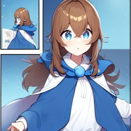 Clear focus, High resolution, A anime kid, cute, rough line skecth, star around kid, sparkling eyes, medium fluffy brown hair, blue sparkling eyes, 1girl (solo), wearing a blue snow cloak and a white shirt, comic with 1girl (solo), winter background, dialoge