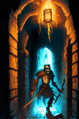 A frightening castle dungeon hallway with a skeleton warrior in rusty chainmail holding a burning torch painterly rpg art