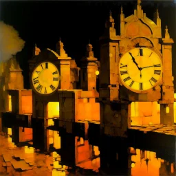 A yellow glowing ruins with clocks in a thunderstorm painted by Piet Mondrian