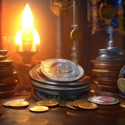 dynamic lighting, Intricately detailed, Splash screen art, deep color, Unreal Engine, volumetric lighting, silver coins, pile of coins, pirate treasure, stacked coins, indoors, candle, altar,