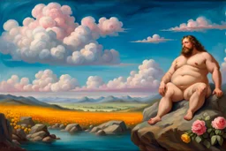 a handsome, fat man with a well-groomed, bearded face and long, curly hair. He is sitting naked on a rock, surrounded by a picturesque valley adorned with pink and yellow rose flowers. The spring sky above is adorned with breathtakingly beautiful clouds. like oil painting 19th century