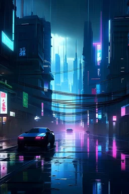 Imagine a digital/anime-inspired wallpaper that embodies the essence of heavy rain at 2:27 pm with a temperature of 32 degrees. The scene is a futuristic cityscape with sleek, towering buildings outlined by neon lights. The rain falls gracefully, depicted by dynamic, glowing streaks against the backdrop of the city. Puddles on the cyberpunk-inspired streets reflect the vibrant colors of holographic signs, creating a surreal and captivating atmosphere. Anime-style characters with stylish, futuris