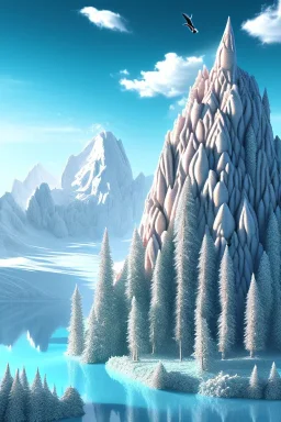 mountain made of ice-cream, lake, trees, mystical,