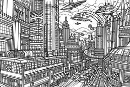 Visualize a black & white coloring book with thick contours and lines, all fitting within an 11x8.5 inch space. Cityscape with flying vehicles and bustling streets, capturing the essence of a metropolis..