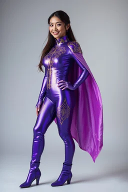 "Artistic photography (((FULL BODY from HEAD TO TOE + profile))), She is a Pleiadian woman with large bright almond-shaped eyes, she is beautiful and smiling, with indigo-purple blue skin, Asian style 40 years old, wearing a one-piece iridescent shimmering skintight spacesuit with gold designs down to her feet, she has pointed shoulder pads and a large high collar, a small cape, and skintight ankle boots the color of her suit with flat heels.