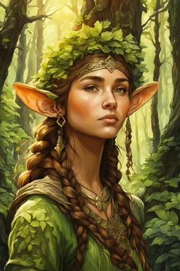 create oil and watercolor portrait of a young, nomadic forest elf female fantasy art character, with highly detailed, sharply lined facial features, in the deep forest of Brokilon , finely inked, 4k in the style of Maxfield Parrish