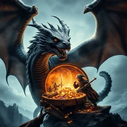 Double exposure photographic image of a Dragon overlayed with a dramatic fantastical sword and sorcery dragon's hoard with a Hobbit thief greedily eyeing the gold and jewels. The image fuses two scenes together, giving it a surreal, profound, and dark fantasy aesthetic. The movie poster quality art is highly detailed and drawn in a style reminiscent of modern dark fantasy compositions. It is meant to evoke a sense of awe sparking the viewers imagination. Tolkien Middle Earth univers