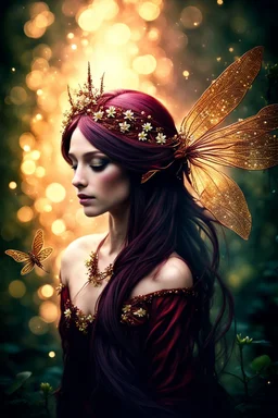 Burgundy dark red gold hair,very long hair, dark gold,gold,rapunzel hair,dark fairy princess,elven crown,dragonflies,fireflies,night,water lilies, orchids,jasmine flowers,glitter,sparkle,flowers,copper,bronze