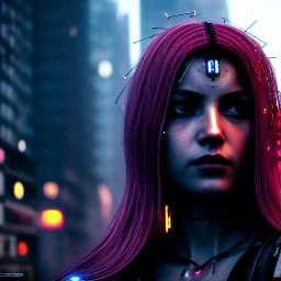 portrait,beautiful female robot, intense stare, sad eyes, post-apocalyptic in a cyberpunk city, realistic, intriacte detail, sci-fi fantasy style, volumetric lighting, particles, highly detailed ,cinamatic , deep colours,8k, by Caravaggio