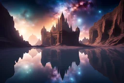 Palace carved into the rock, galaxy, infinity, space, reflection in water , sci-fi.