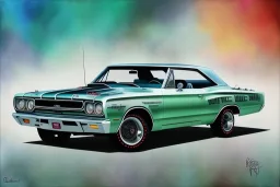 a true-to-life 1967 Plymouth GTX, classic wheels, two-tone paintwork, centered, intricate, extreme detailed, photorealism, center view, stylized random background, pivot on plymouth, pen and color marker painting by cheryl kelley