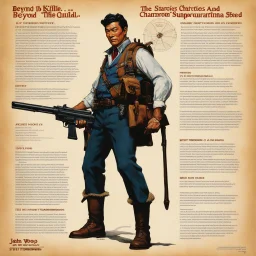 character concept sheet with AD&D statistics and characteristics, [high res photo by Norman Rockwell for Beyond the Supernatural] the jump with one gun in each hand iconic scene by John Woo (A Better Tomorrow, The Killer, Hard-Boiled)