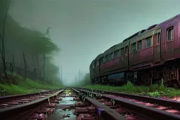 an abandoned train on tracks overgrown by nature with small puddles of water flooding ture part of tracks, 8k resolution, high-quality, fine-detail, intricate,volumetric lighting,brian froud, howard lyon, greg rutowskinew york slums, apartment building , rundown, realistic, unity engine, bloom,cinematic lighting,octane render.