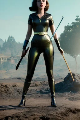 retro portrait image from 1960, explosion background, wind, long hair, young Scarlett Johansson, classic black tight lycra suit, metal stick weapon, gold bracelet and belt, high heel boots, soft color, highly detailed, unreal engine 5, ray tracing, RTX, lumen lighting, ultra detail, volumetric lighting, 3d, finely drawn, high definition, high resolution.