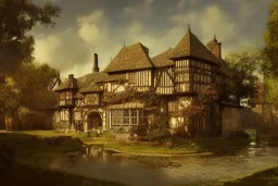 portrait of a tudor manor house on a street, fishpond architecture, highly detailed, blue sky, cinematic lighting, digital art painting by greg rutkowski