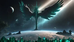 matrix universe, space, planets, god creation, angels from other dimensions with beautiful wings, trees on the planet, behind green crystals of light, command conquer tiberium deposits on the planet near tree,