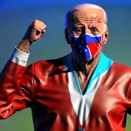 realistic image of joe biden as a mexican wrestling fighter posing outdoors, Mexican eyes wrestling mask, red and blue breeches, retro style, 80s, vibrant color, highly detailed, sky background, concept art, unreal engine 5, god rays, ray tracing, RTX, lumen lighting, ultra detail, volumetric lighting, 3d, finely drawn, high definition, high resolution.