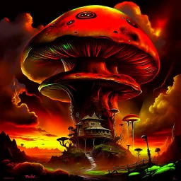 A fantabulous black, green and orange (((mushroom tower house))) erected atop a (geologic pillar), surrounded by the uncanny imaginative ((( swirling skies))), offset by the stark hues of a (neon-tinged nebulous space scape), within. captured by the hand a skilled master painter with a focus on (softly blurred compositions and voluminous lighting).