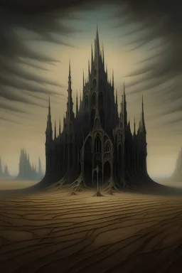 A gothic cathedral in the middle of a desert,in the style of Zvidslav Beksinski