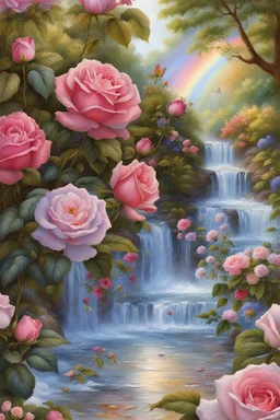 Trés belles roses, rainbows, beautiful colors gardens , flowers, cascades; beautiful girls